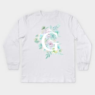 Botanical alphabet G green and purple flowers Kids Long Sleeve T-Shirt